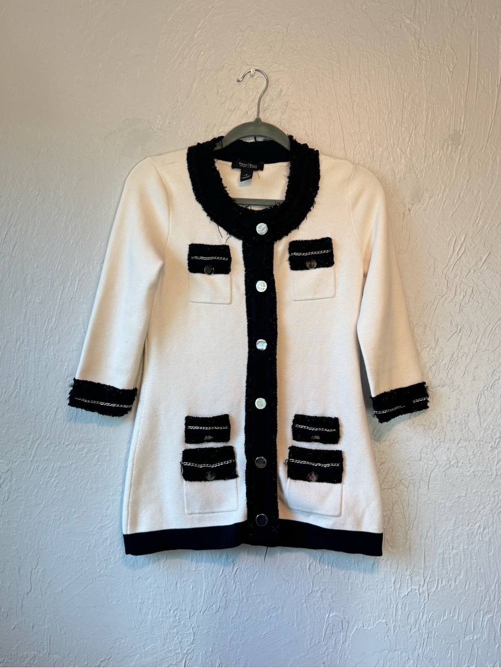White House Black Market Cream Cardigan with Black Trim